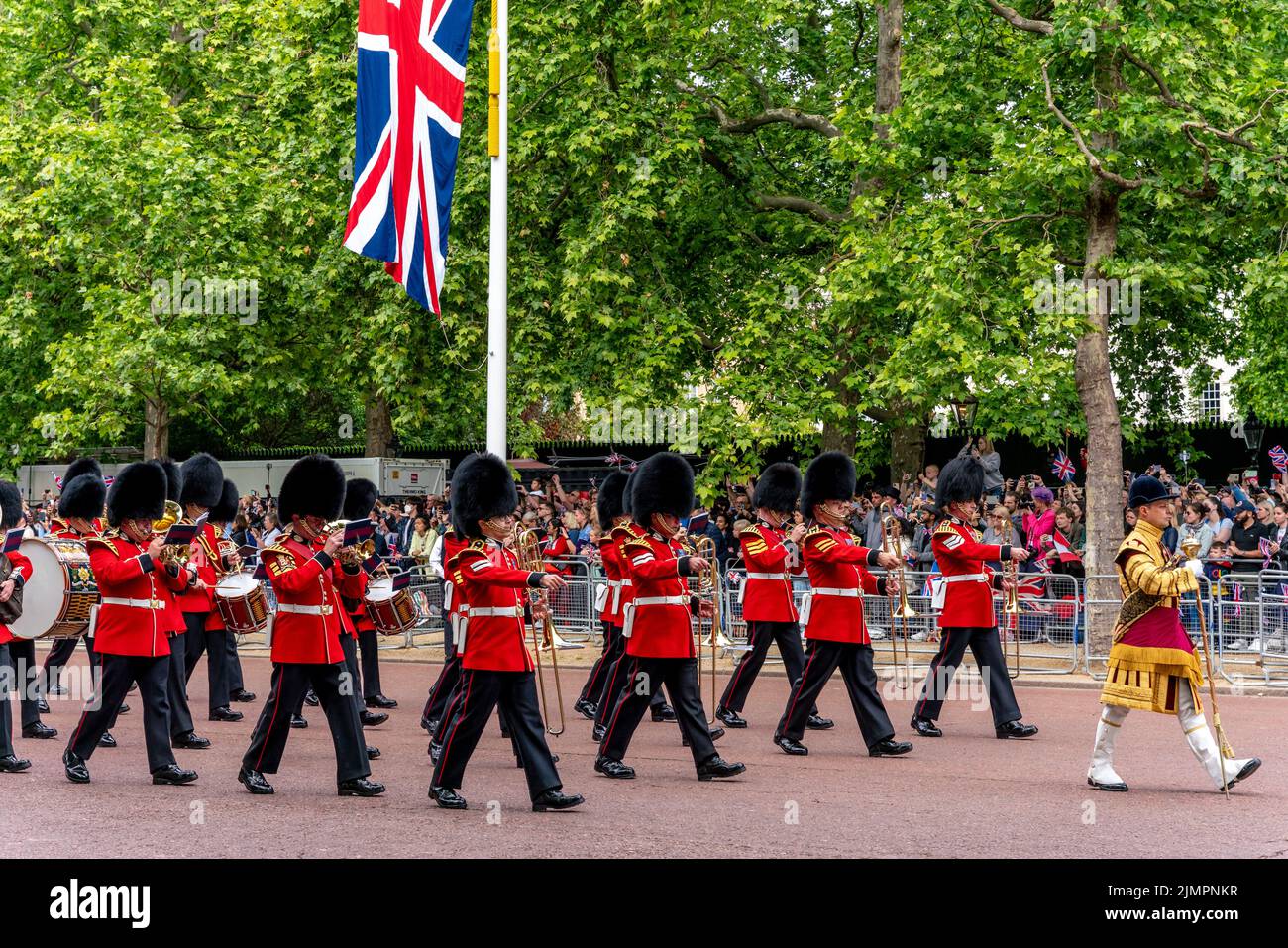 Army Musicians Take Part In The Queen's Birthday Parade By Marching Along The Mall To Horse Guards Parade For The Trooping The Colour Ceremony As Part Stock Photo
