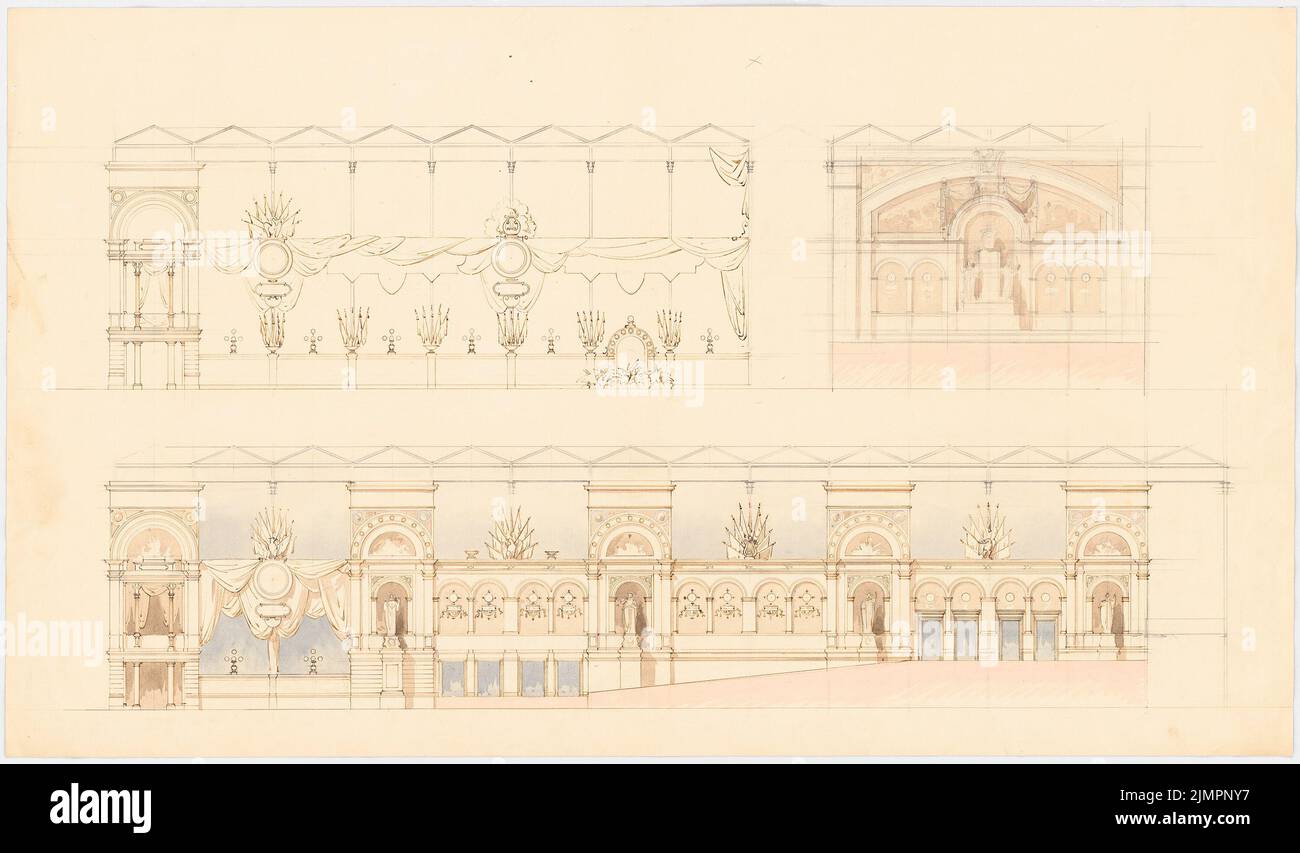 Lange Emil (1841-1926), glass palace in Munich. Remodeling (without date): longitudinal sections and cross sections with wall decorations. Pencil watercolor on the box, 52.4 x 89.2 cm (including scan edges) Lange Emil  (1841-1926): Glaspalast, München. Umgestaltung Stock Photo