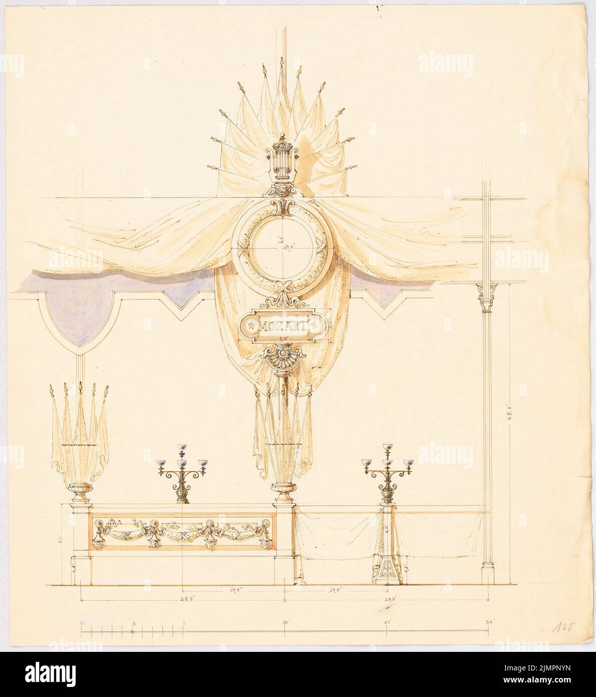 Lange Emil (1841-1926), glass palace in Munich. Remodeling (without date): picture frame for paintings by Mozart. Pencil, ink watercolor on cardboard, 52.4 x 48 cm (including scan edges) Lange Emil  (1841-1926): Glaspalast, München. Umgestaltung Stock Photo