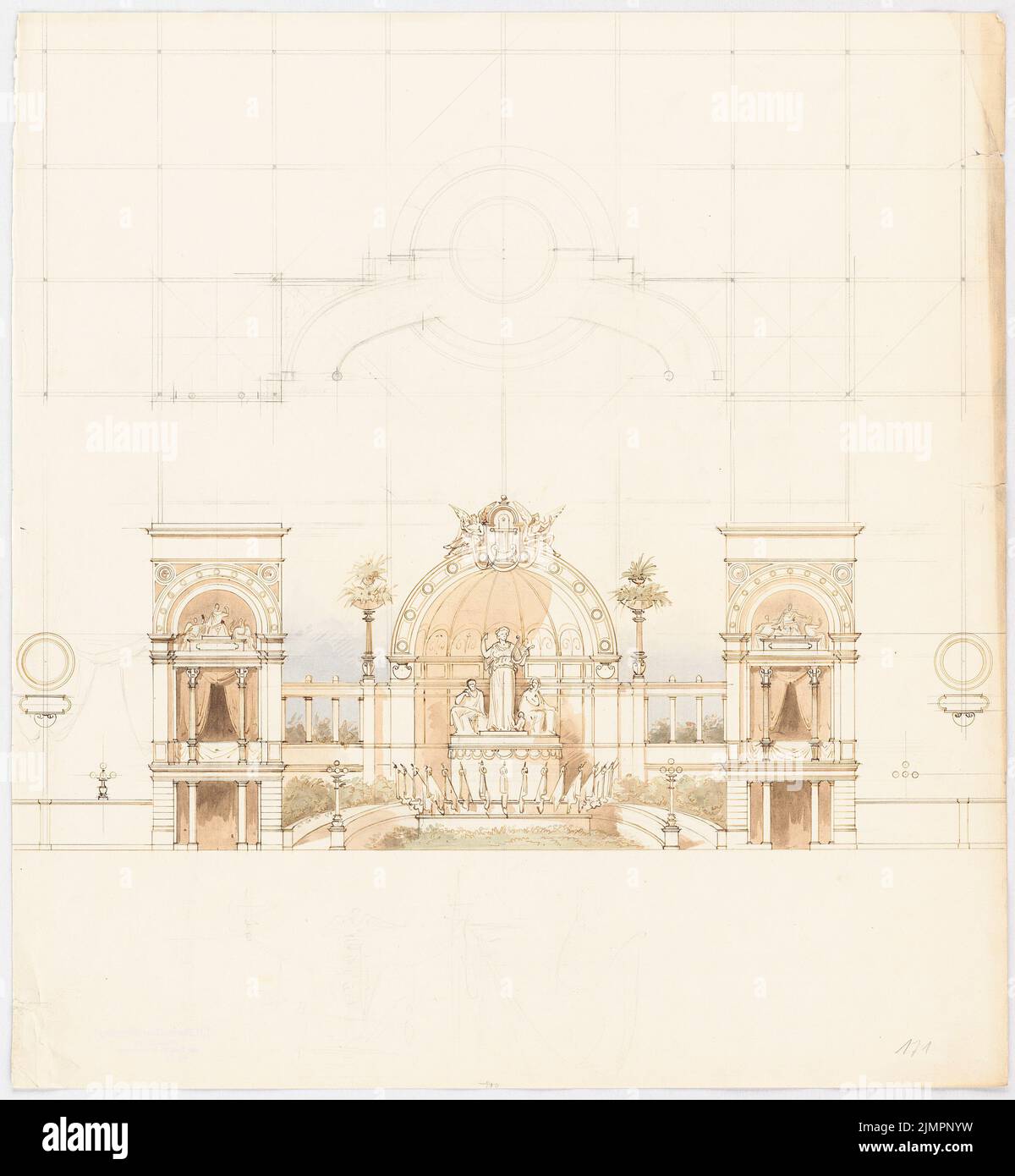 Lange Emil (1841-1926), glass palace in Munich. Remodeling (without date): Pavilion in front of the main entrance in floor plan and recourse. Pencil, ink watercolor on cardboard, 52.5 x 48.5 cm (including scan edges) Lange Emil  (1841-1926): Glaspalast, München. Umgestaltung Stock Photo