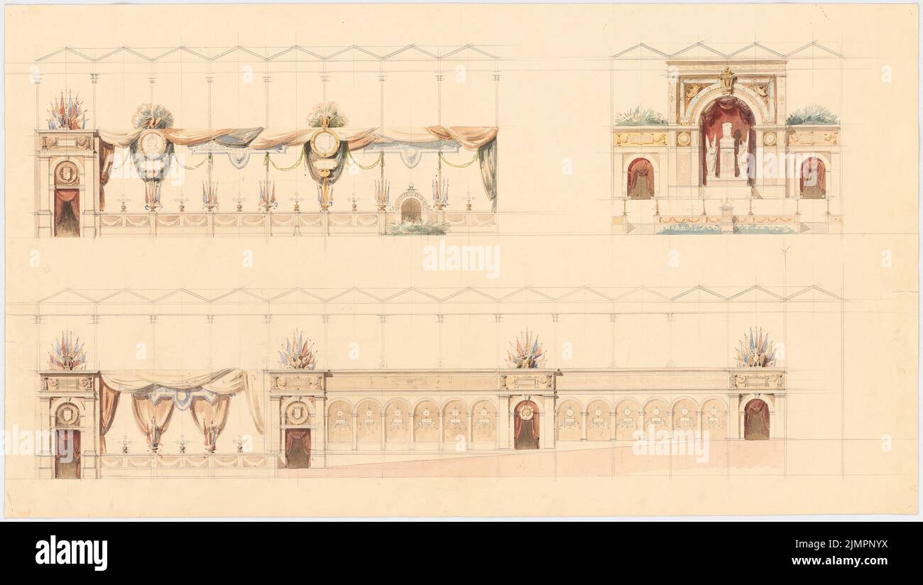 Lange Emil (1841-1926), glass palace in Munich. Remodeling (without date): longitudinal sections and cross sections with wall decorations. Pencil watercolor on the box, 49.3 x 87.3 cm (including scan edges) Lange Emil  (1841-1926): Glaspalast, München. Umgestaltung Stock Photo