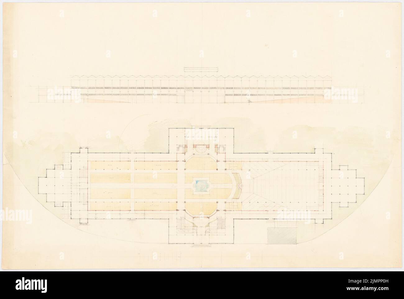 Lange Emil (1841-1926), glass palace in Munich. Remodeling (without date): floor plan, longitudinal section (probably with concert hall). Pencil watercolored on paper, 44.9 x 66.9 cm (including scan edges) Lange Emil  (1841-1926): Glaspalast, München. Umgestaltung Stock Photo
