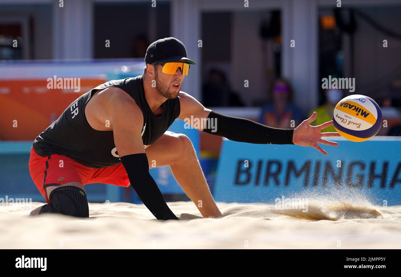 Canada's Sam Schachter in action during the Men's Beach Volleyball Gold