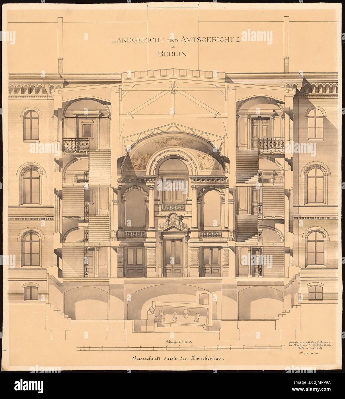 Herrmann Heinrich Ludwig Alexander (1821-1889), District and District Court II in Berlin (1884): cross-section through the intermediate building 1:50. Tusche watercolor on paper, 60.4 x 55.9 cm (including scan edges) Herrmann Heinrich Ludwig Alexander  (1821-1889): Land- und Amtsgericht II, Berlin Stock Photo