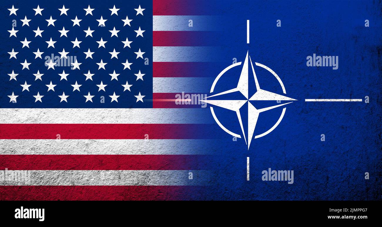 United States of America USA national flag with Flag of North Atlantic Alliance NATO. Grunge background Stock Photo