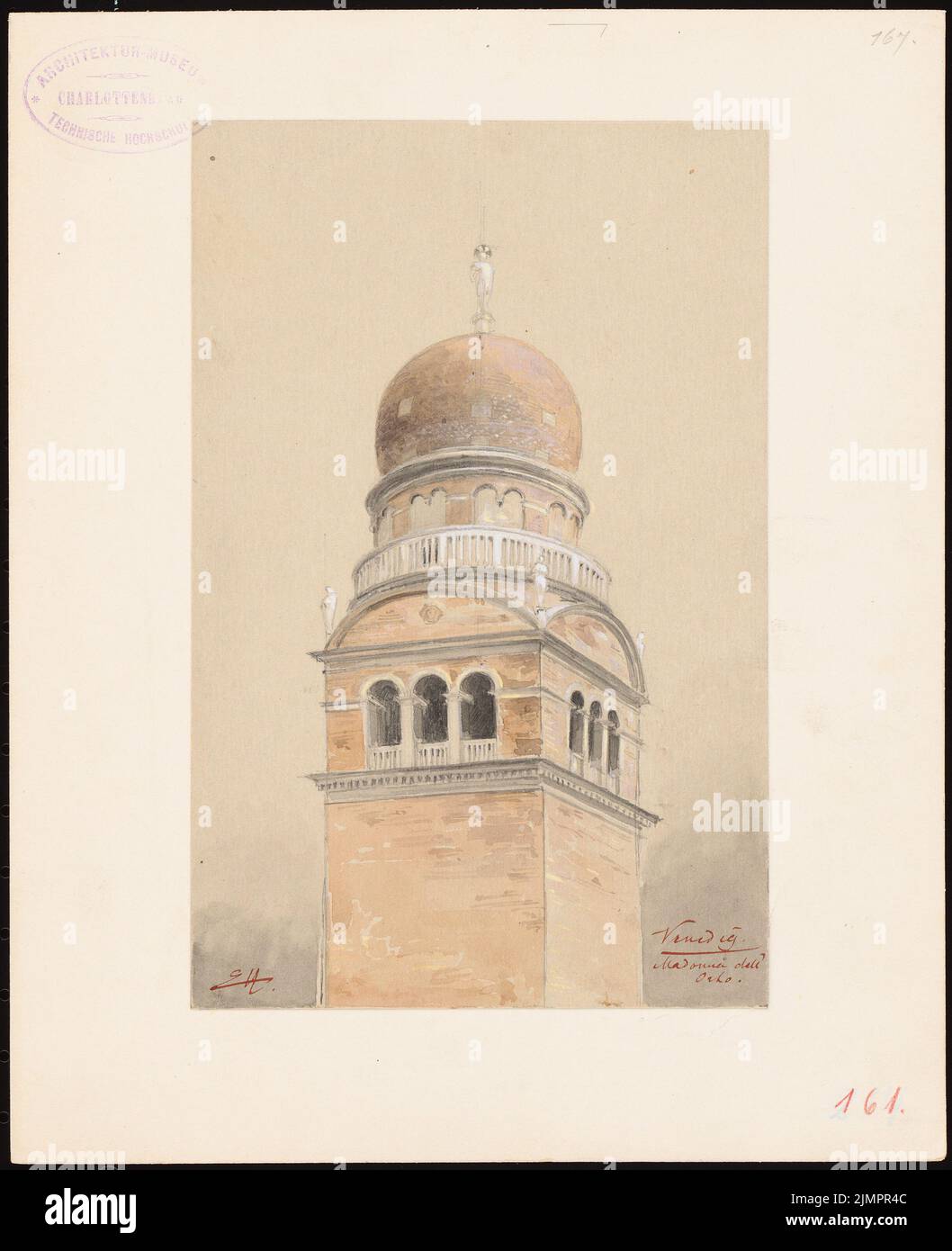 Hoffmann Emil (1845-1901), Madonna del Oato in Venice (1894): Tower. Pencil watercolored, white heighted on paper, 26.7 x 21.7 cm (including scan edges) Hoffmann Emil  (1845-1901): Madonna dell´ Orto, Venedig Stock Photo