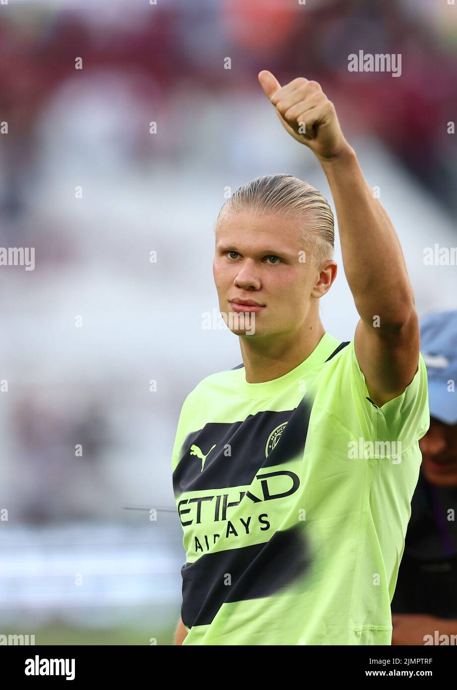 London, UK. 7th Aug, 2022. Erling Haland of Manchester City celebrates the win during the Premier League match at the London Stadium, London. Picture credit should read: David Klein/Sportimage Credit: Sportimage/Alamy Live News Stock Photo