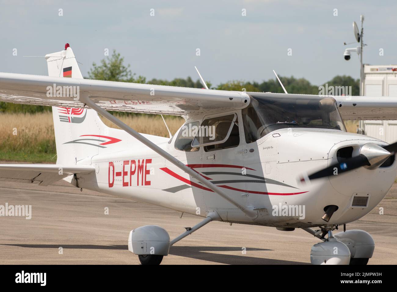 Lahr, Germany, July 9, 2022 Cessna 172 propeller plane is parking at the local airport Stock Photo