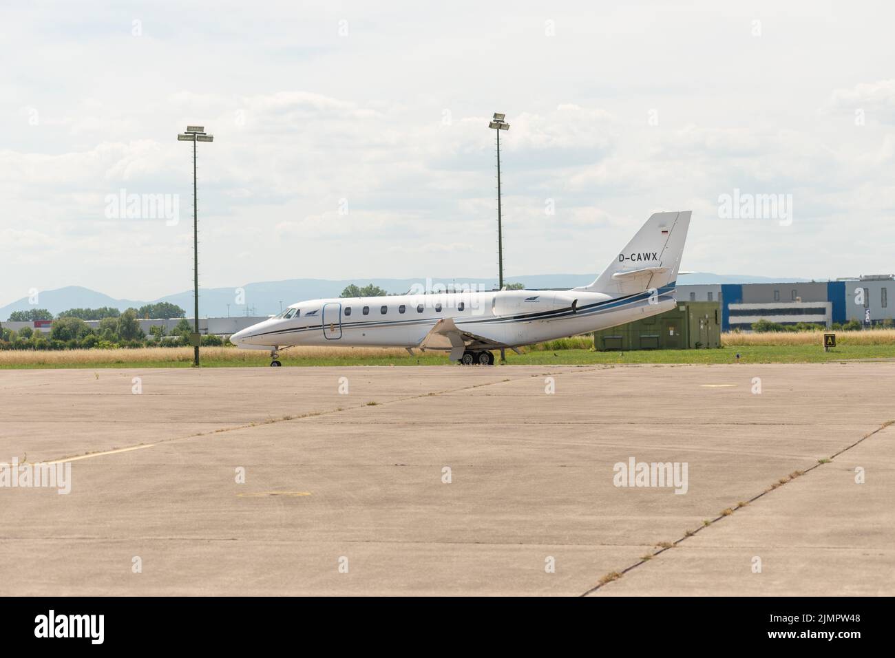 Lahr, Germany, July 9, 2022 Cessna 680 Citation Sovereign Plus aircraft is parking at the apron Stock Photo