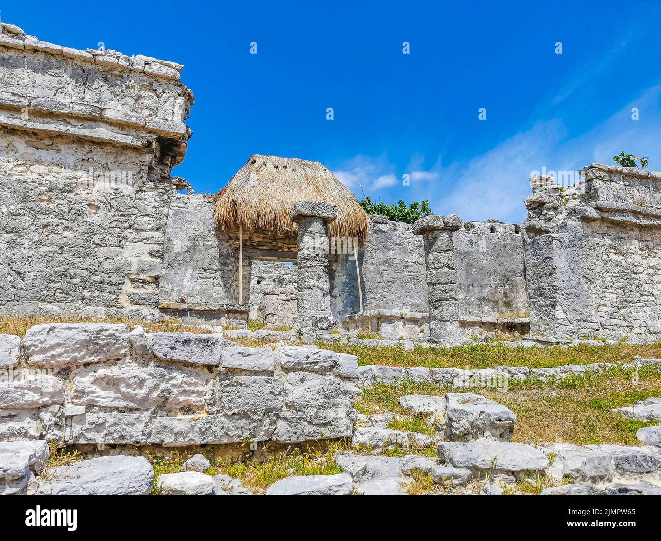 Ancient Tulum ruins Mayan site temple pyramids artifacts seascape Mexico. Stock Photo