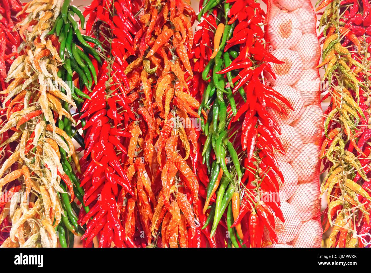 Red and green hot chilly peppers Stock Photo