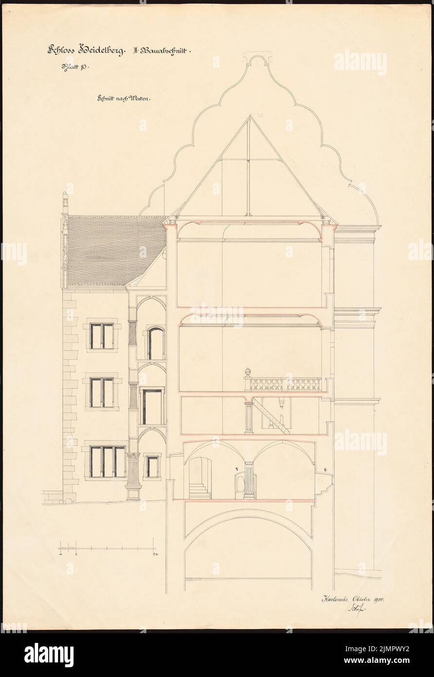 Schäfer Carl (1844-1908), Restoration Heidelberg Castle. Glass Saalbau (1900): cross -section to the west. Tusche watercolor on the box, 102.1 x 70 cm (including scan edges) Schäfer Carl  (1844-1908): Restaurierung Heidelberger Schloss. Gläserner Saalbau Stock Photo