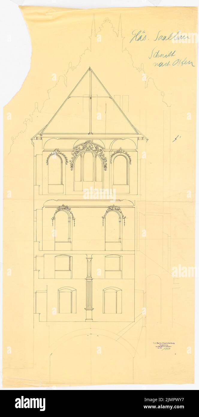 Schäfer Carl (1844-1908), Restoration Heidelberg Castle. Glass Saalbau (1900): cross -section to the east. Ink and pencil on transparent, 95 x 48.5 cm (including scan edges) Schäfer Carl  (1844-1908): Restaurierung Heidelberger Schloss. Gläserner Saalbau Stock Photo