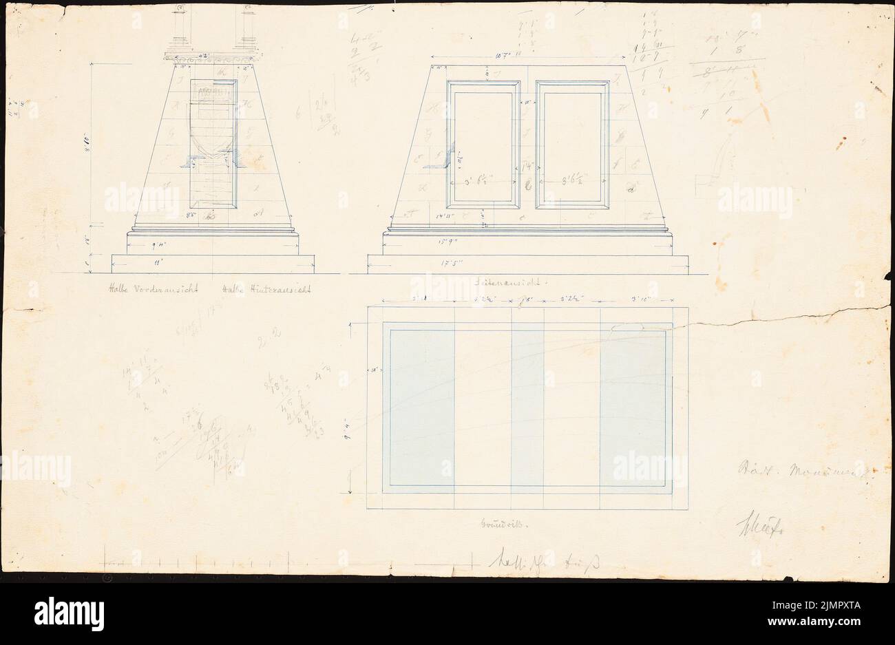 Schäfer Carl (1844-1908), grave monument, Marburg (1871): floor plan, views. Ink, ink colored on cardboard, 37.7 x 57.8 cm (including scan edges) Schäfer Carl  (1844-1908): Grabmonument, Marburg Stock Photo