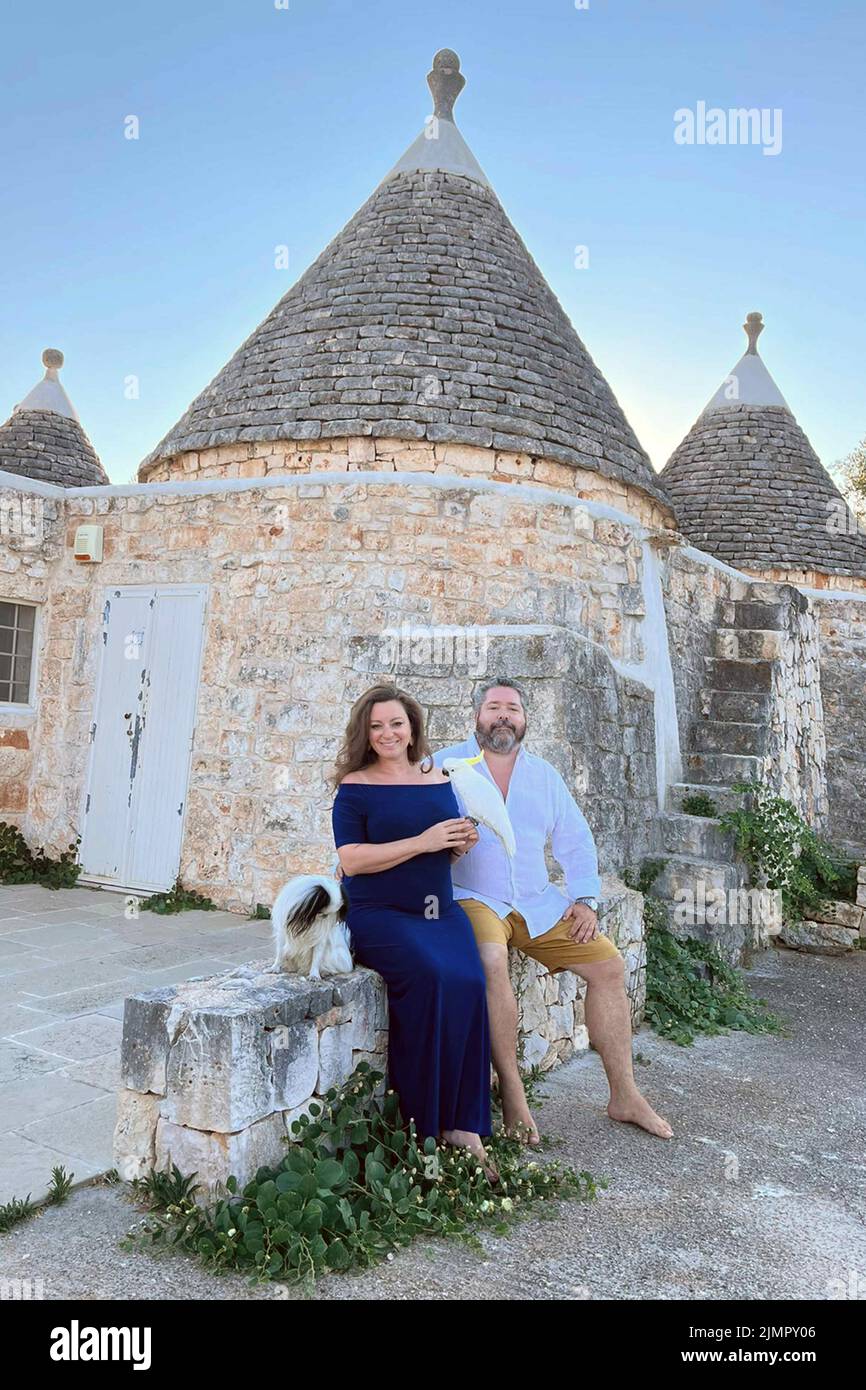 Grand Duke George Mikhailovich of Russia (Georgi Mikhailovich Romanov) and Princess Victoria Romanovna pose during their summer vacation at their family home in the Apulia (Pouilles) region of Italy with Zhong and Gilbert, on August 6, 2022, Italy. The Imperial couple are expecting their first baby in the autumn. Photo via DNphotography/ABACAPRESS.COM Stock Photo