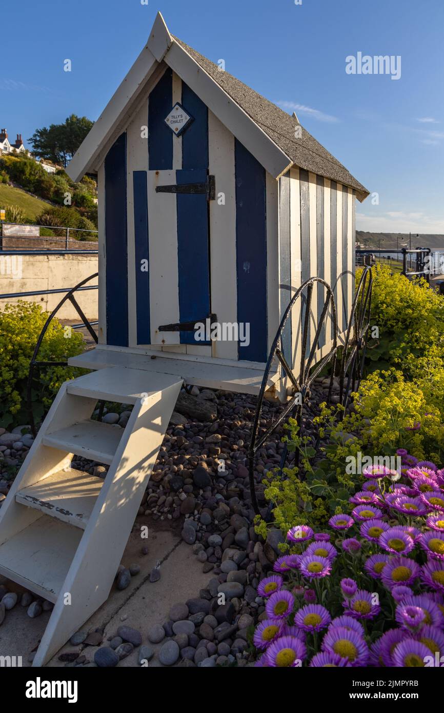Replica of a Victorian bathing machine displayed on the seafront at Filey in North Yorkshire, England. Stock Photo
