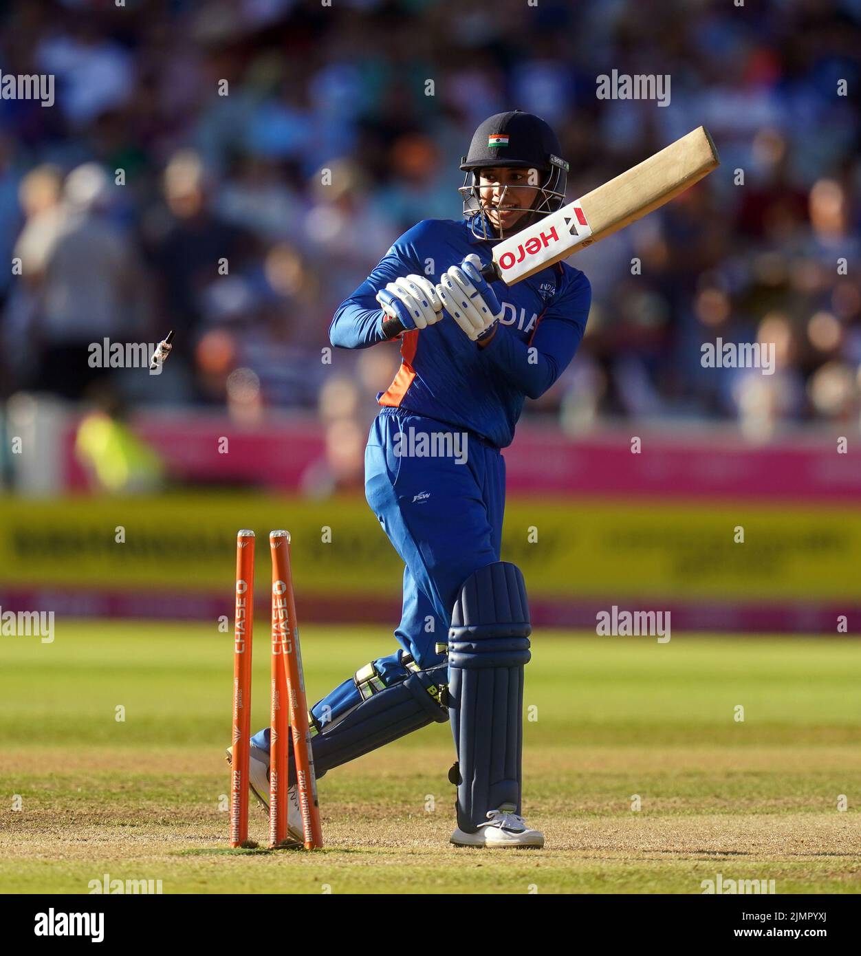 India's Smriti Mandhana is bowled at Edgbaston Stadium on day ten of 2022 Commonwealth Games in Birmingham. Picture date: Sunday August 7, 2022. Stock Photo