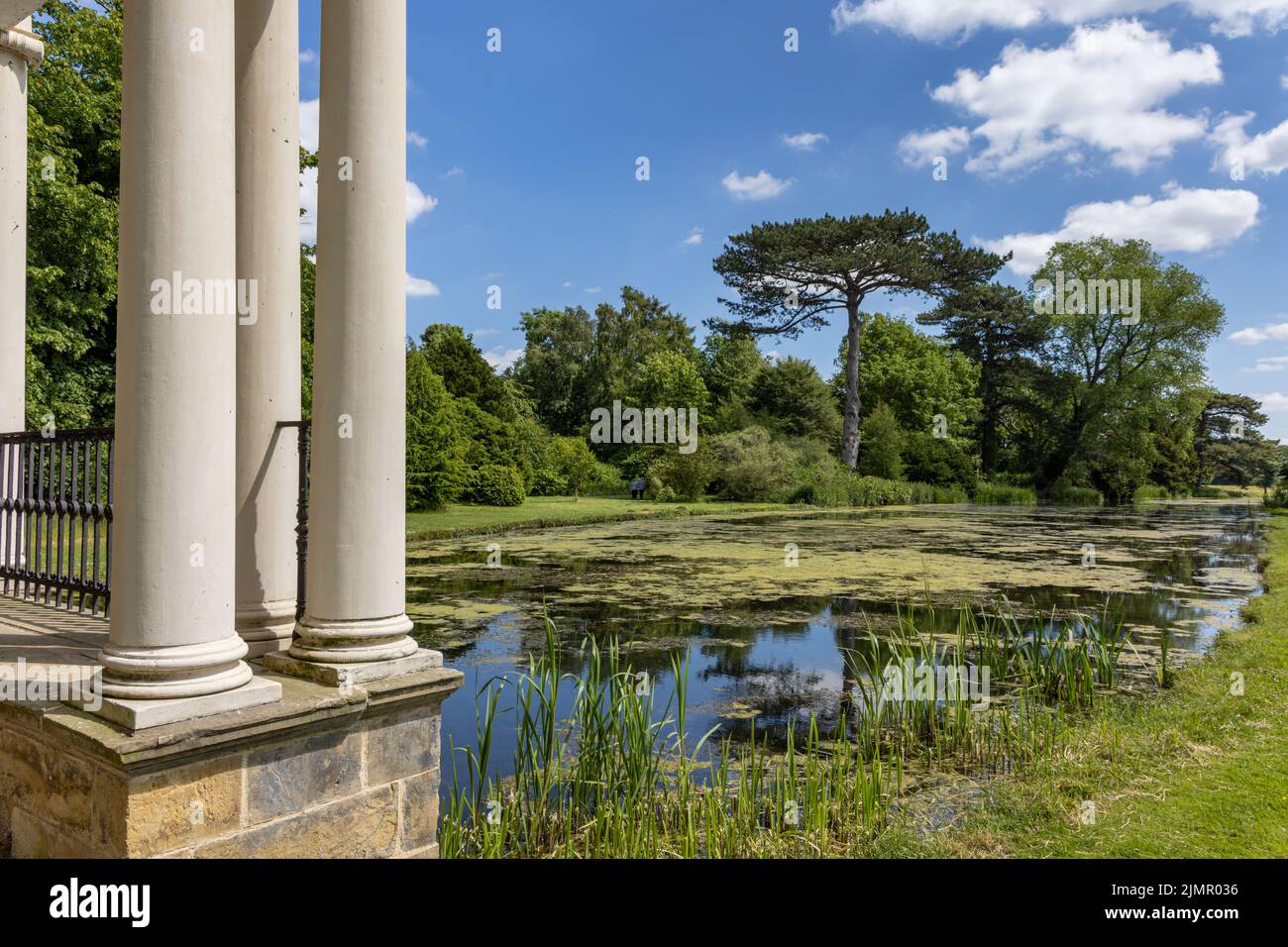 View of lake from Palladian Bridge at Scampston, designed by Capability Brown, Scampston Hall,  North Yorkshire, England. Stock Photo