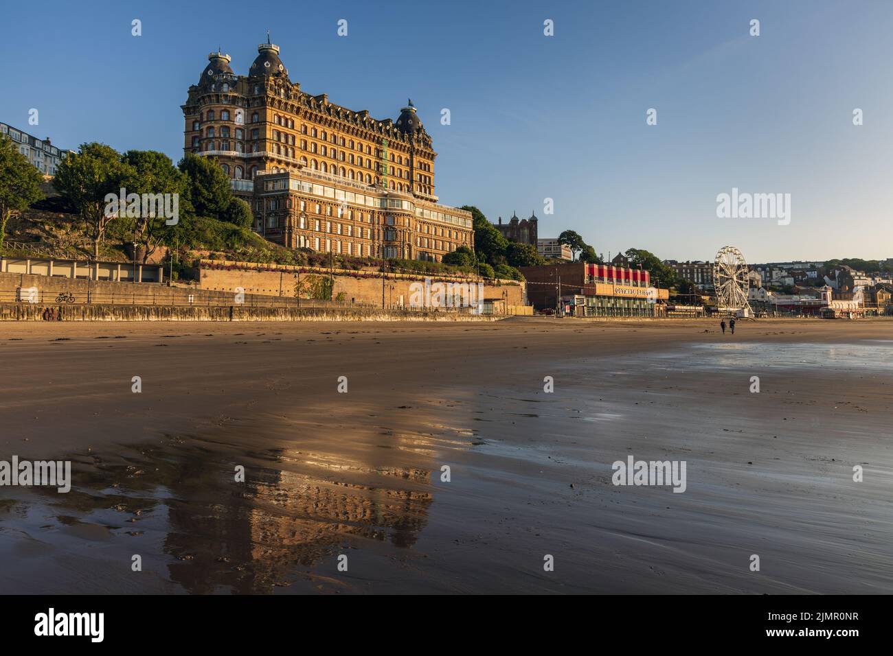 The Grand Hotel and South Bay beach and seafront at Scarborough, North Yorkshire coast, England. Stock Photo