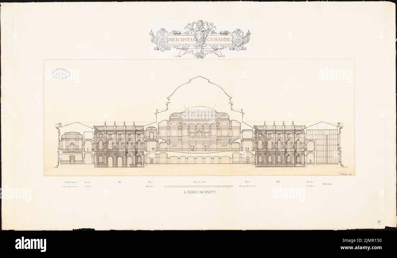 Kieschke Paul (1851-1905), Reichstag, Berlin. Second competition (1882): longitudinal section 1: 200. Ink, pencil watercolor on the box, 56 x 96.1 cm (including scan edges) Kieschke Paul  (1851-1905): Reichstag, Berlin. Zweiter Wettbewerb Stock Photo