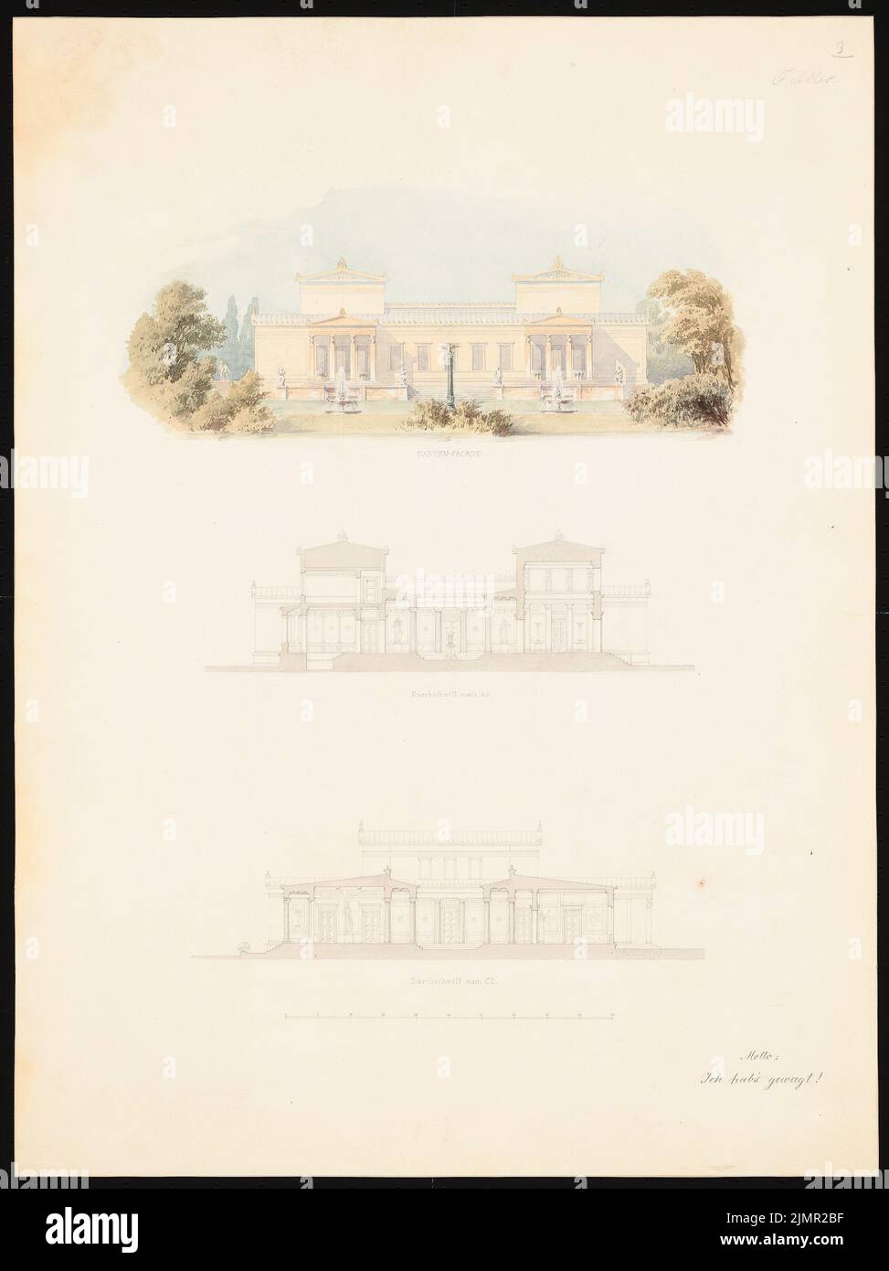 Adler Friedrich (1827-1908), apartment of an architect. Schinkel competition 1852 (1852): Riss garden view (south side), longitudinal section, cross -section; Scale bar. Tusche watercolor on the box, 63.2 x 47.3 cm (including scan edges) Adler Friedrich  (1827-1908): Wohnung eines Architekten. Schinkelwettbewerb 1852 Stock Photo