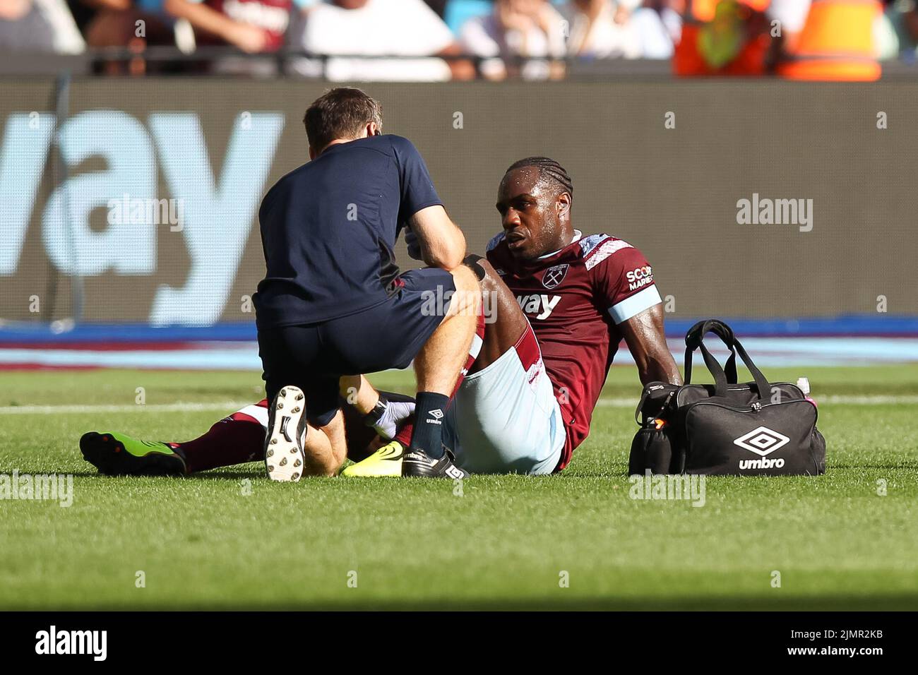 London, UK. 07th Aug, 2022. Michail Antonio of West Ham United is injured and subsequently substituted during the Premier League match between West Ham United and Manchester City at the London Stadium, Queen Elizabeth Olympic Park, London, England on 7 August 2022. Photo by Ken Sparks. Editorial use only, license required for commercial use. No use in betting, games or a single club/league/player publications. Credit: UK Sports Pics Ltd/Alamy Live News Stock Photo