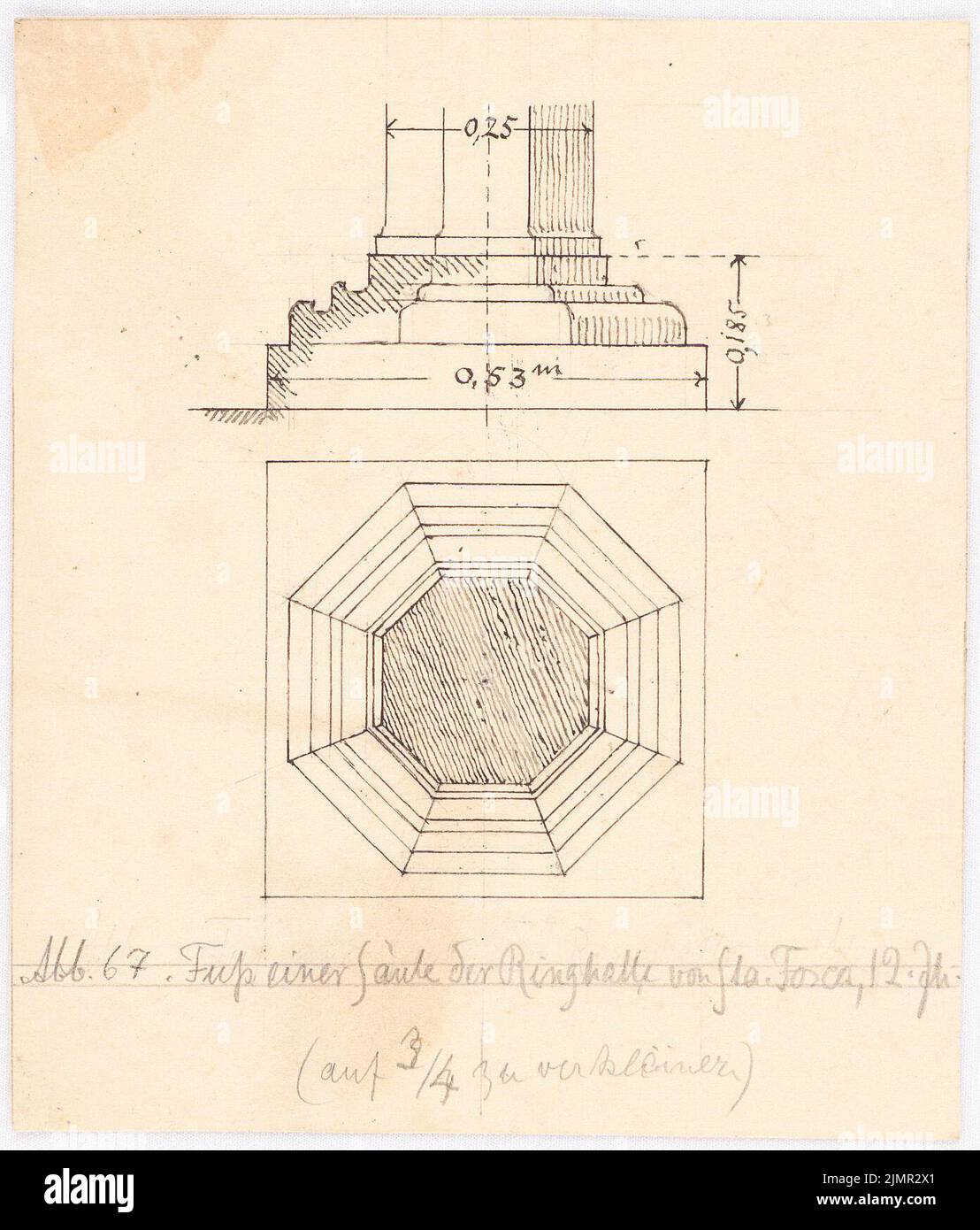 Schulz Bruno (1865-1932), Dom and S. Maria Fosca in Torcello (1899-1899): floor plan and view of the foot of a pillar of the ring hall S.Fosca, 12th century .. Tusche on paper, 13.8 x 11, 8 cm (including scan edges) Schulz Bruno  (1865-1932): Dom S. Maria Assunta und S. Fosca, Torcello Stock Photo