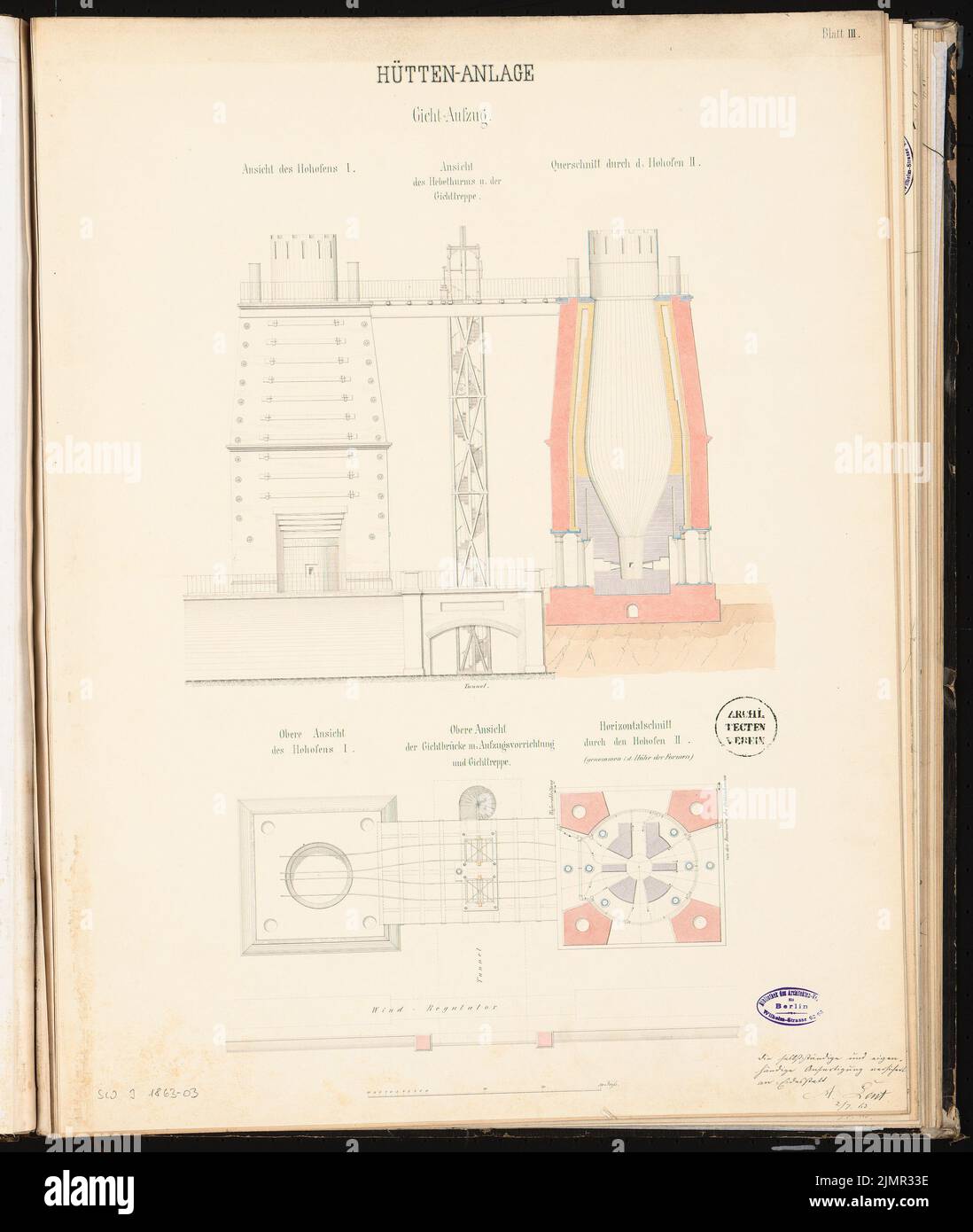 Lent Alfred (1836-1915), blast furnace system with a connecting railway. Schinkel competition 1863 (1863): blast furnace: floor plan (2 levels) with gout bridge, outline side view and cross -section with elevator; Scale bar. Tusche watercolor on the box, 63.9 x 54 cm (including scan edges) Lent Alfred  (1836-1915): Hochofenanlage mit Verbindungsbahn. Schinkelwettbewerb 1863 Stock Photo