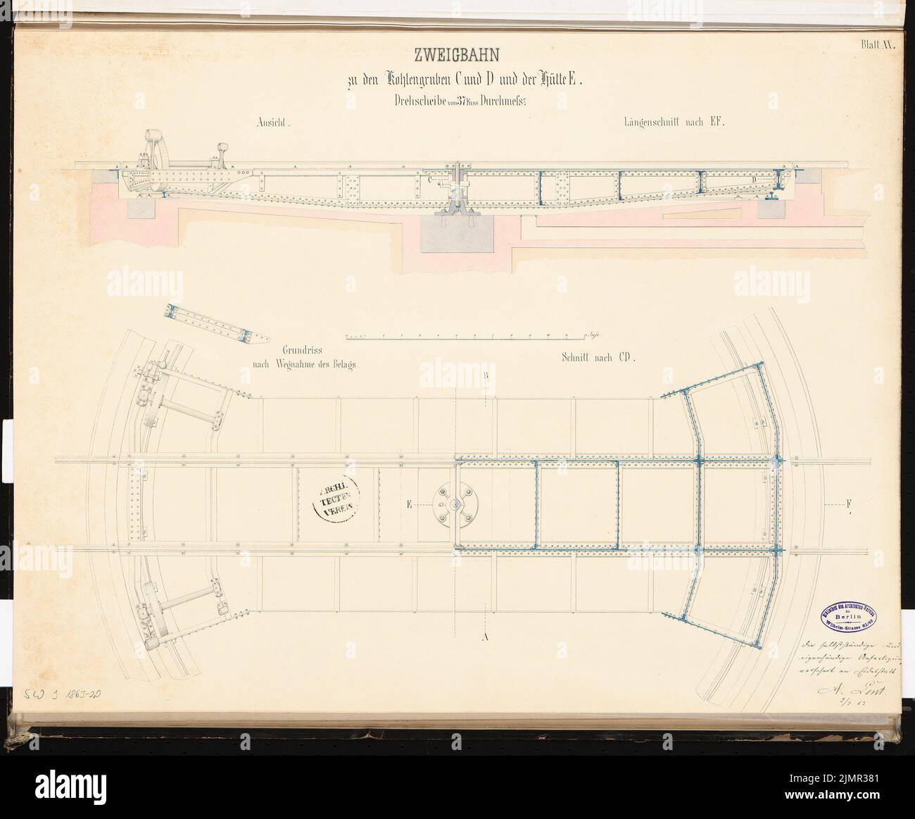 Lent Alfred (1836-1915), blast furnace system with a connecting railway. Schinkel competition 1863 (1863): Turntable: floor plan on 2 levels, outline side view; Scale bar. Tusche watercolor on the box, 52.3 x 63.4 cm (including scan edges) Lent Alfred  (1836-1915): Hochofenanlage mit Verbindungsbahn. Schinkelwettbewerb 1863 Stock Photo