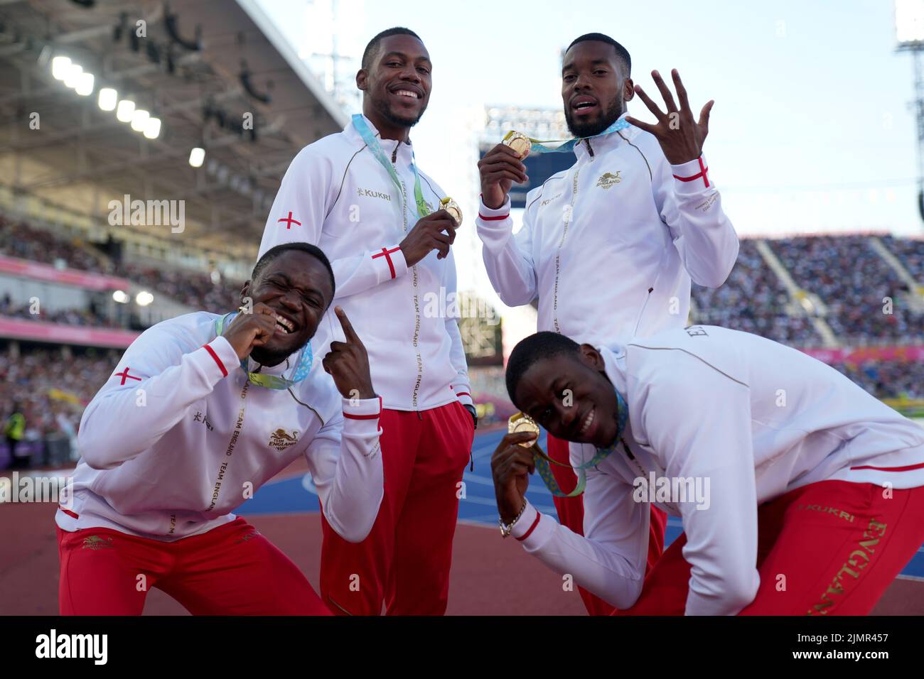 England’s Jona Efoloko, Zharnel Hughes, Nethaneel Mitchell-Blake and Ojie Edoburun with their Gold Medals after the Men’s 4 x 100m Final at Alexander Stadium on day ten of the 2022 Commonwealth Games in Birmingham. Picture date: Sunday August 7, 2022. Stock Photo