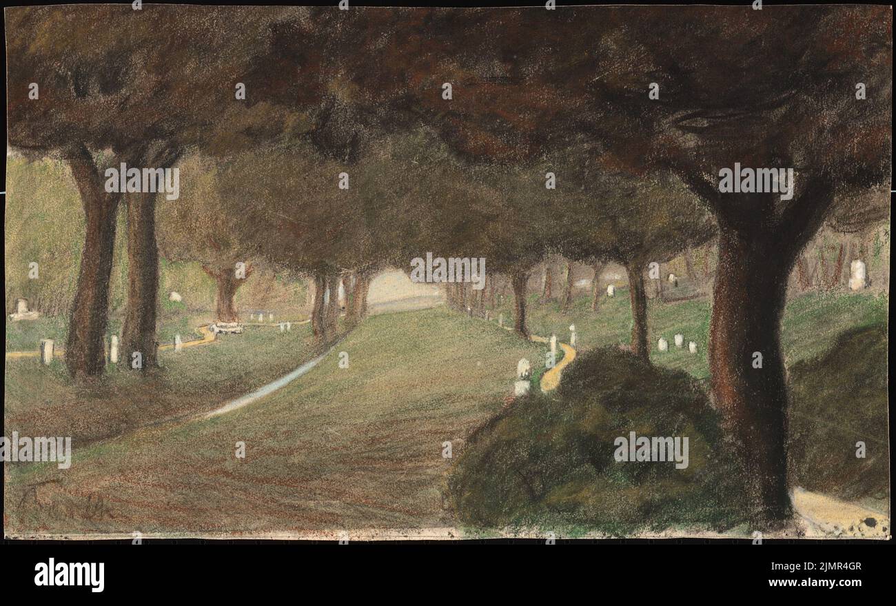 Barth Erwin (1880-1933), Osterholzer Friedhof in Bremen (1910): Perspective view with a view of a meadow game with a stream and paths under trees. Chalk on cardboard, 27.2 x 44.7 cm (including scan edges) Barth Erwin  (1880-1933): Osterholzer Friedhof, Bremen Stock Photo
