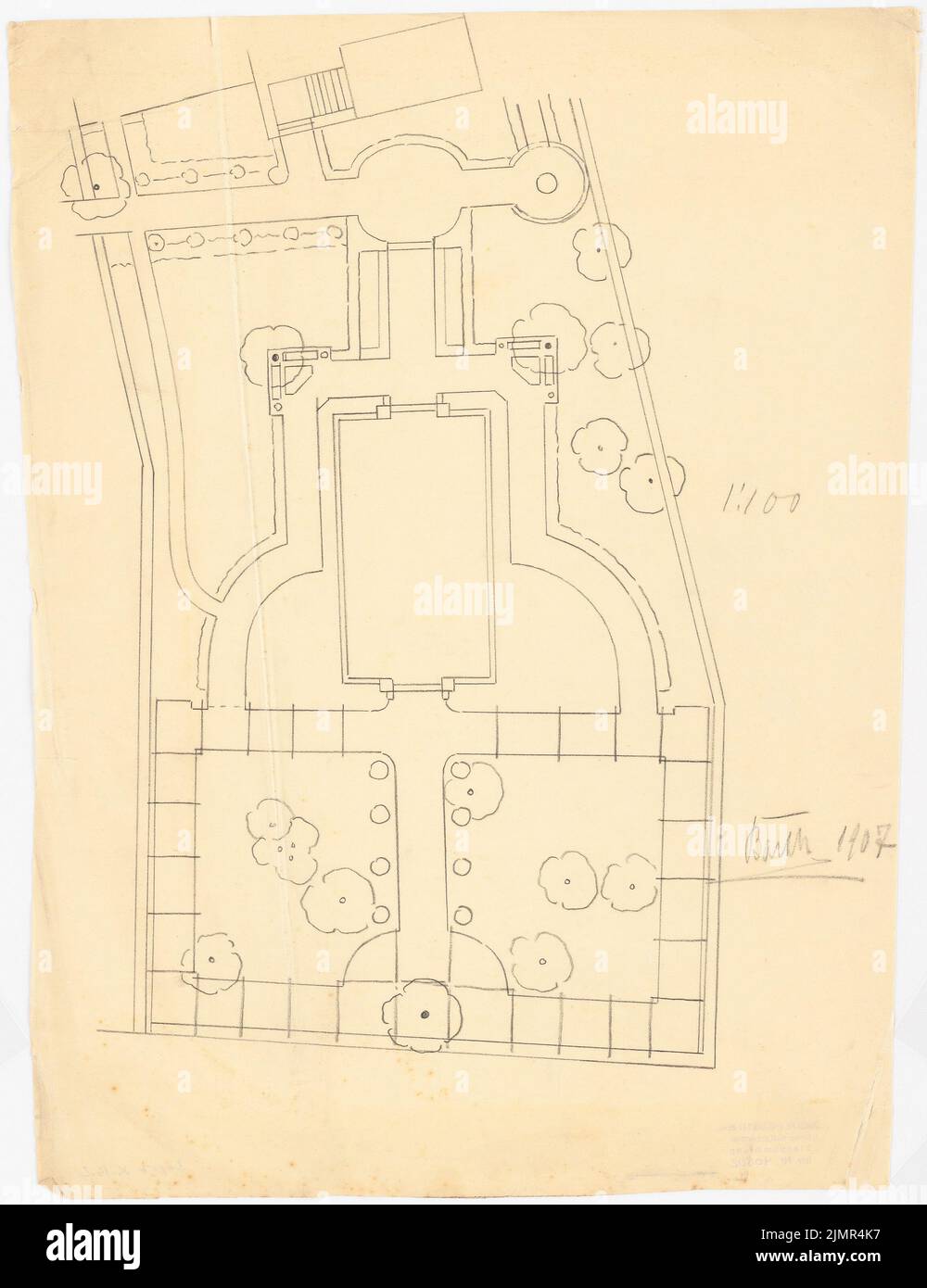Barth Erwin (1880-1933), Villengarten (1907): Floor plan of part of the villa garden 1: 100. Pencil on paper, 50.6 x 38.9 cm (including scan edges) Barth Erwin  (1880-1933): Villengarten Stock Photo