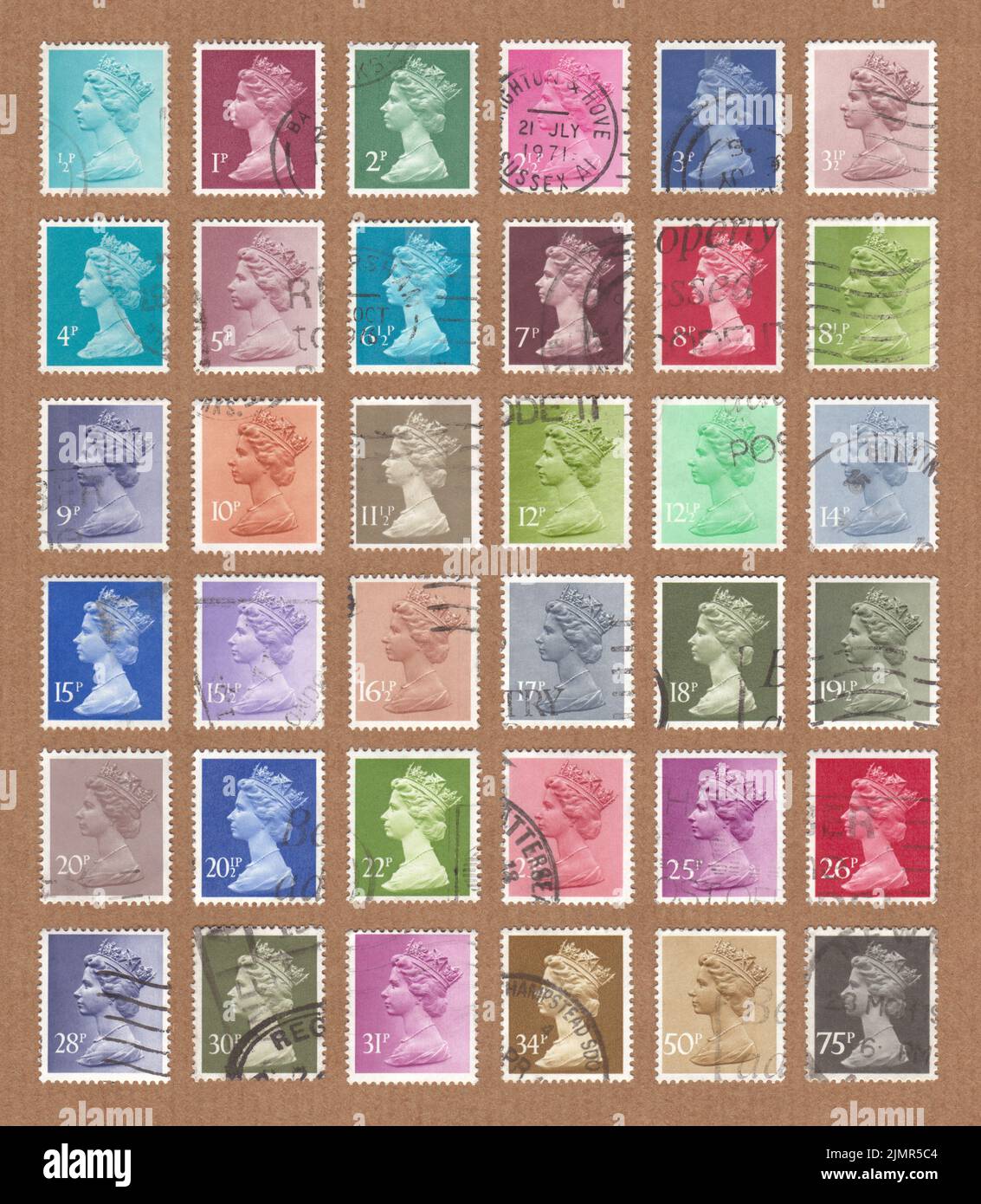 Collection of small format, low value, British Royal Mail postal service, stamps. Queen Elizabeth II, Machin decimal definitive. First issued 1977. Stock Photo