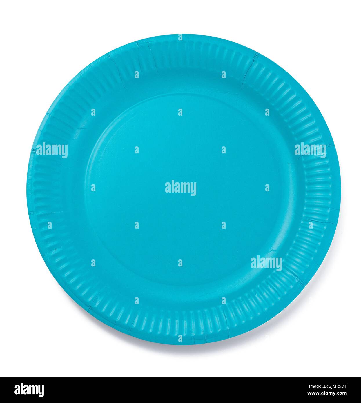 Blue empty paper disposable plate on white isolated background, top view Stock Photo