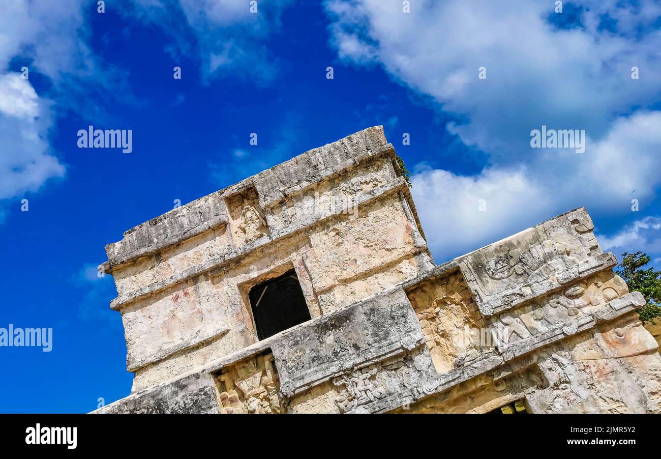 Ancient Tulum ruins Mayan site temple pyramids artifacts seascape Mexico. Stock Photo