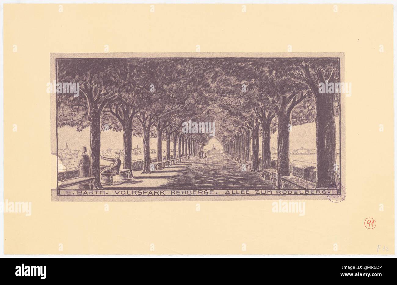 Barth Erwin (1880-1933), Volkspark Rehberge in Berlin-Wedding (1927-1927): Perspective view in the avenue to Rodelberg (view through the Rathenauhain on the Brunnen), stamp. Light break on paper, 46.5 x 71.8 cm (including scan edges) Barth Erwin  (1880-1933): Volkspark Rehberge, Berlin-Wedding Stock Photo