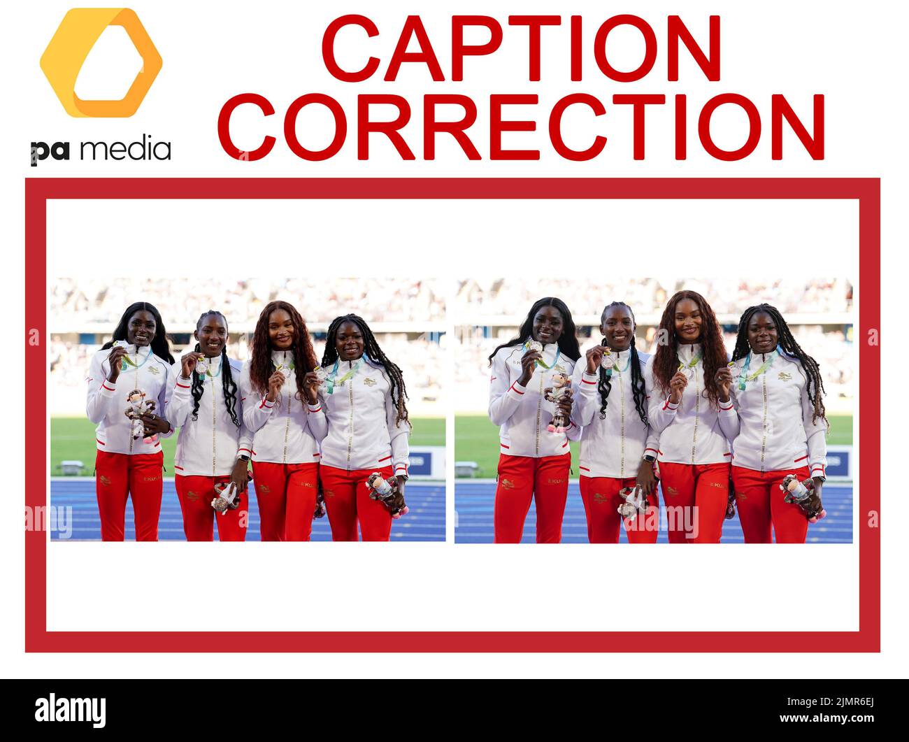ATTENTION PICTURE EDITORS, CHIEF SUBS AND PICTURE LIBRARIANS: Caption correction for these images transmitted on the PA Wire earlier slugged COMMONWEALTH Athletics which gave the incorrect medal awarded. Corrected versions have been transmitted on the PA Wire. Corrected captions should say: England?'s Asha Philip, Imani Lansiquot, Bianca Williams and Daryll Neita with their Silver Medals after the Women?s 4 x 100m Final at Alexander Stadium on day ten of the 2022 Commonwealth Games in Birmingham. Picture date: Sunday August 7, 2022. Stock Photo