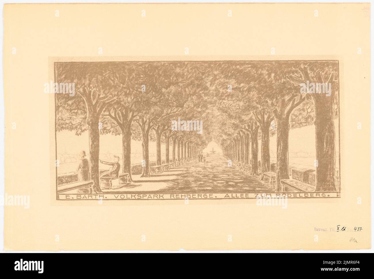 Barth Erwin (1880-1933), Volkspark Rehberge in Berlin-Wedding (1927-1927): Perspective view in the avenue to Rodelberg (view through the Rathenauhain on the Brunnen), stamp. Light break on the cardboard, 45.7 x 67.6 cm (including scan edges) Barth Erwin  (1880-1933): Volkspark Rehberge, Berlin-Wedding Stock Photo