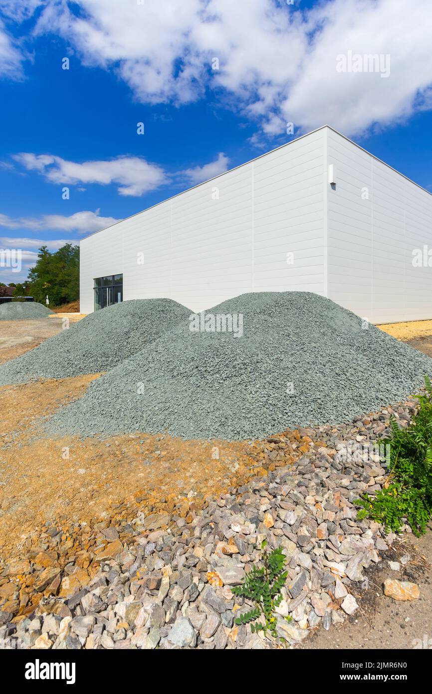 New modern commercial storage building in course of construction in south Chatellerault, Vienne (86), France. Stock Photo