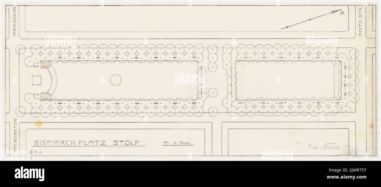 Barth Erwin (1880-1933), Bismarckplatz in Stolp (10.1928): floor plan of the place 1: 500. Pencil on transparent, 23.5 x 55.7 cm (including scan edges) Barth Erwin  (1880-1933): Bismarckplatz, Stolp Stock Photo