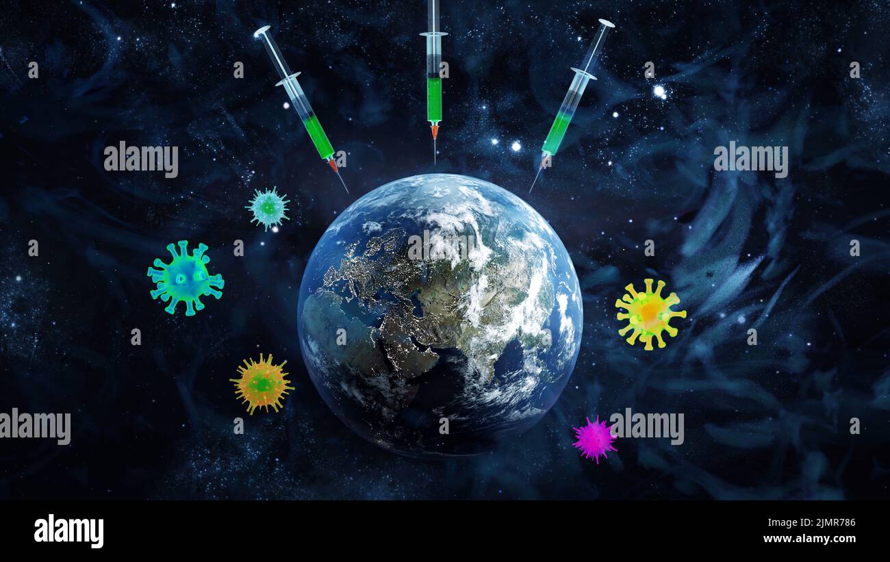 Medical syringe with a needle vaccinated the Earth. 3D rendering