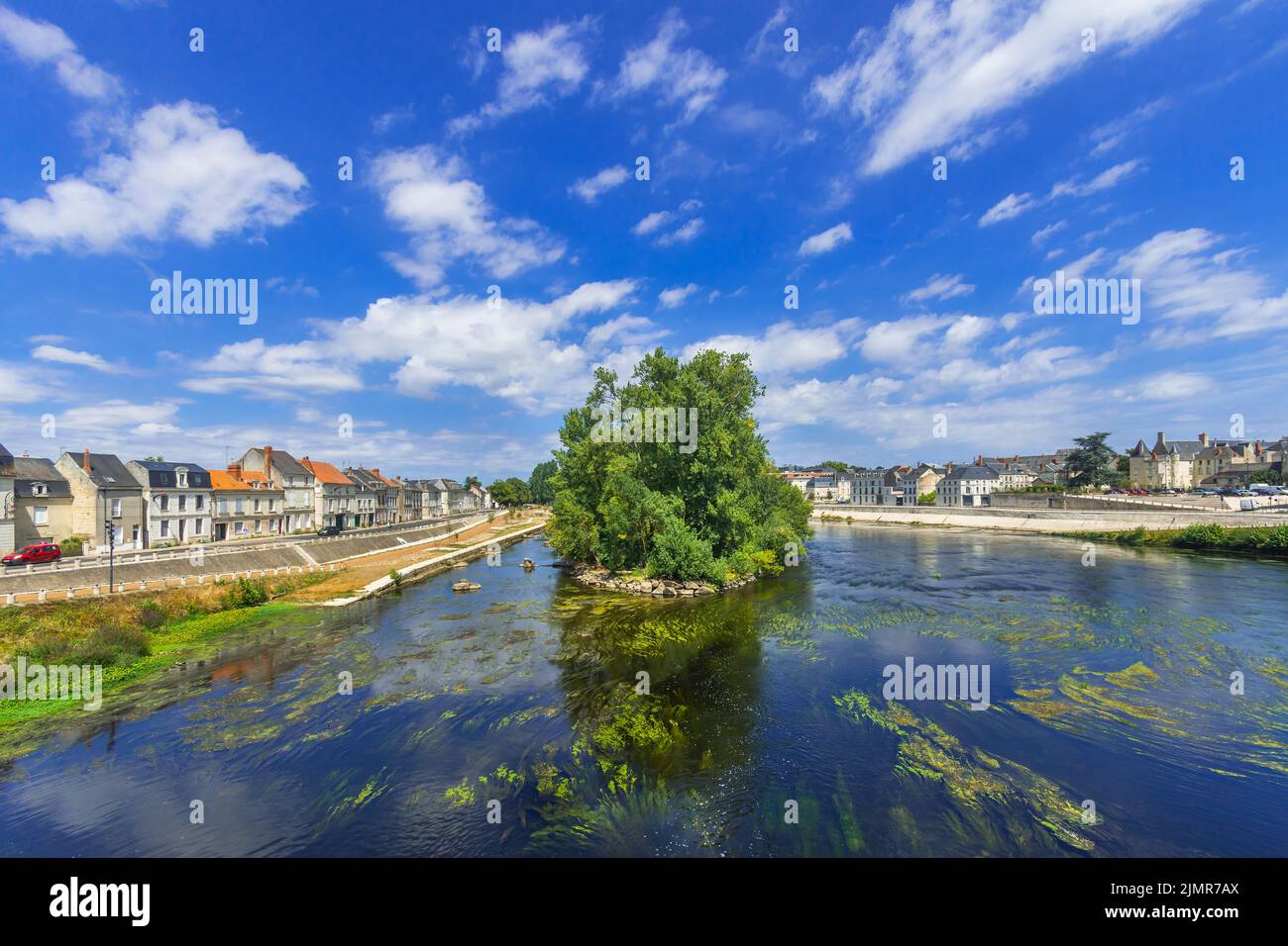 View from the Pont Henri IV (bridge) downstream to the Île Cognet on the river Vienne in Chatellerault, Vienne (86), France. Stock Photo