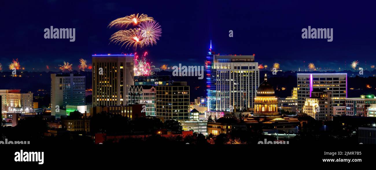 Night landscape of the Boise skyline with fireworks Stock Photo