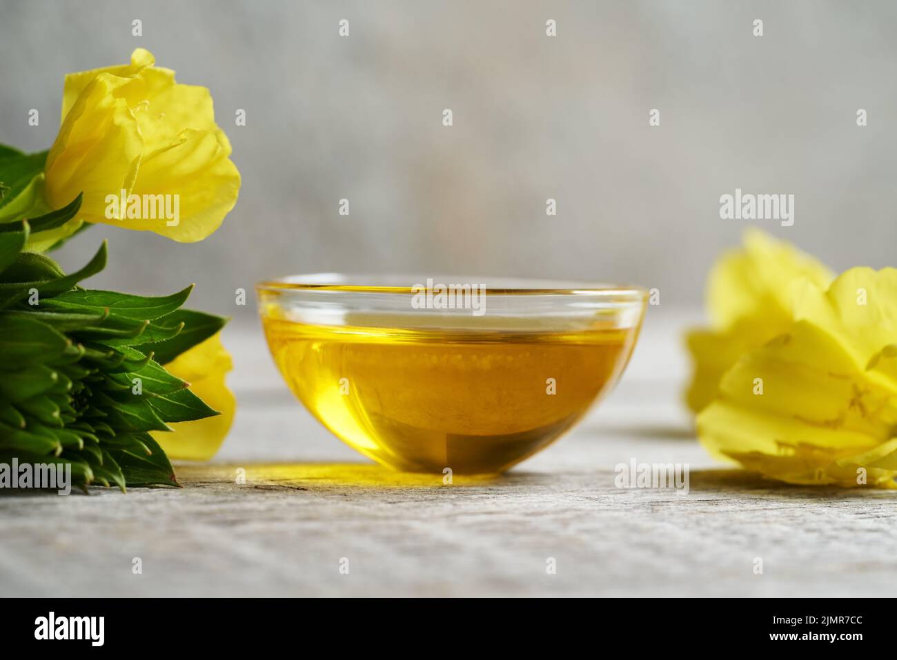 Evening primrose oil in a glass bowl healthy nutritional supplement