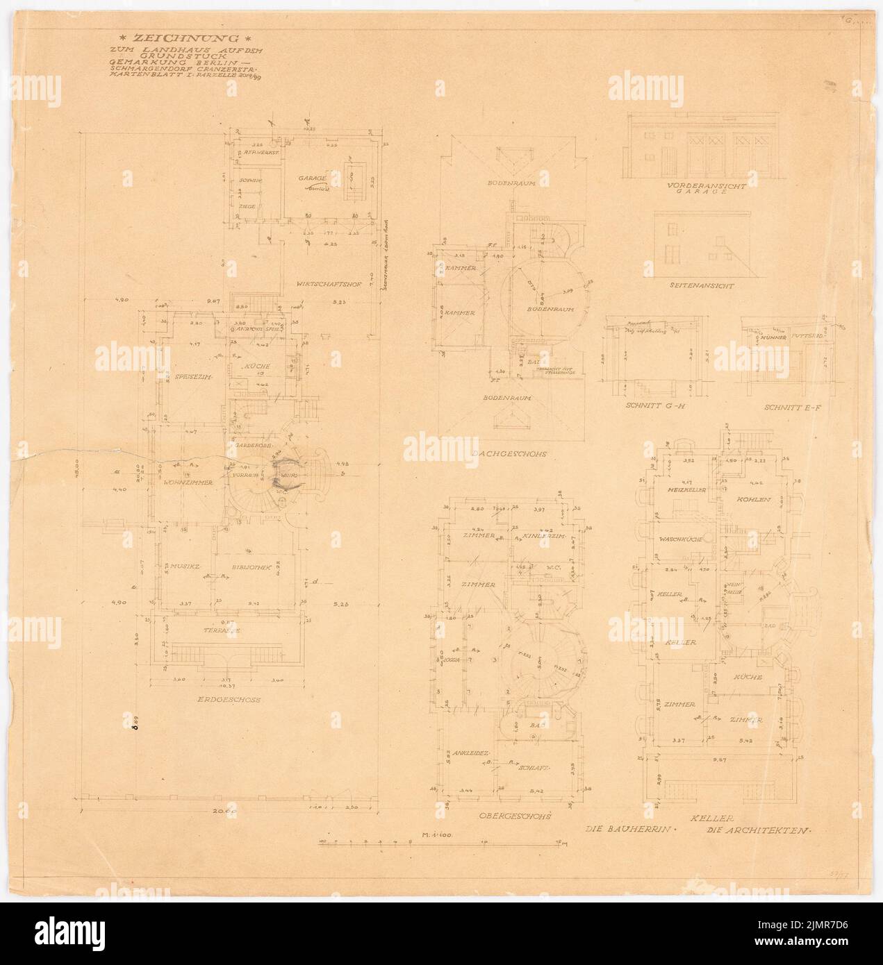Unknown architect, Villa in Cranzer Straße in Berlin-Schmargendorf (without dat.): Villa in Cranzerstrasse: floor plan of ground floor with outbuilding, upper floor, attic and basement; Front view, side view and 2 Sch. Pencil over a break on the box, 60.6 x 59.2 cm (including scan edges) N.N. : Villa in der Cranzer Straße, Berlin-Schmargendorf Stock Photo