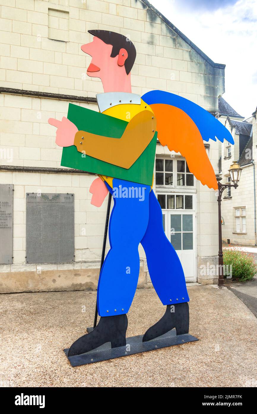 Large colourful cut-out figure in the courtyard of the 'Ecole d'Arts Plastiques ancien Collège Communal', Chatellerault, Vienne (86), France. Stock Photo