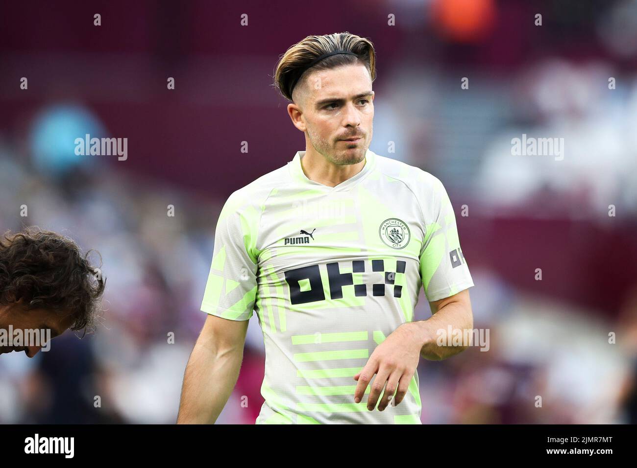 London, UK. 7th August, 2022. Jack Grealish of Manchester City warms up during the Premier League match between West Ham United and Manchester City at the London Stadium, Stratford on Sunday 7th August 2022. (Credit: Tom West | MI News) Credit: MI News & Sport /Alamy Live News Stock Photo