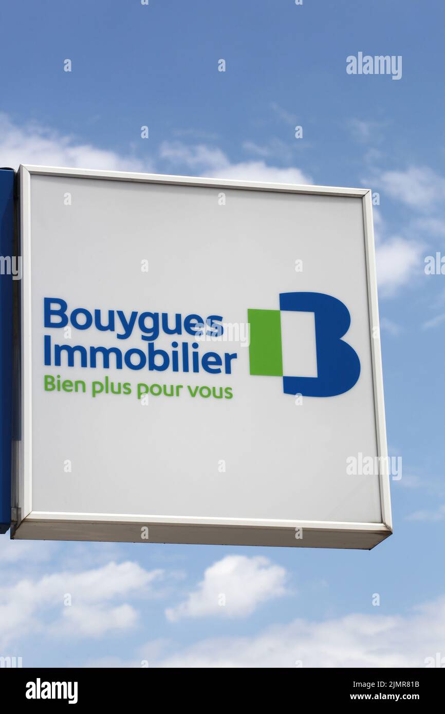 Tassin, France - June 28, 2020: Bouygues Immobilier logo on a wall. Bouygues Immobilier is the real estate development company of the Bouygues group Stock Photo