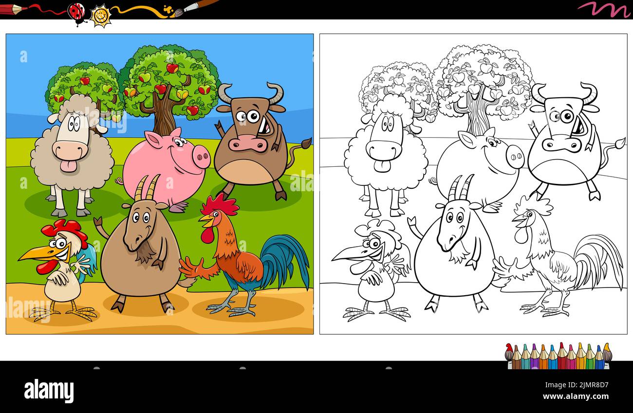 Cartoon farm animal characters group coloring book page Stock Photo - Alamy