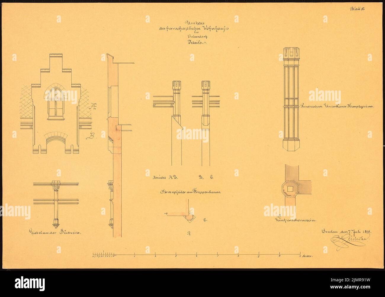 Lüdecke Carl Johann Bogislaw (1826-1894), stately residential building in Belmsdorf. Conversion (07.07.1876): Outdoor and interior details, cut and view gable on the south side, view A.B., B.C, B.C. Maintenance pillar on the stairwell, round rod lower edge of the mainge. Tusche watercolor on transparent, 39.3 x 55.8 cm (including scan edges) Lüdecke Carl Johann Bogislaw  (1826-1894): Herrschaftliches Wohnhaus, Belmsdorf. Umbau Stock Photo